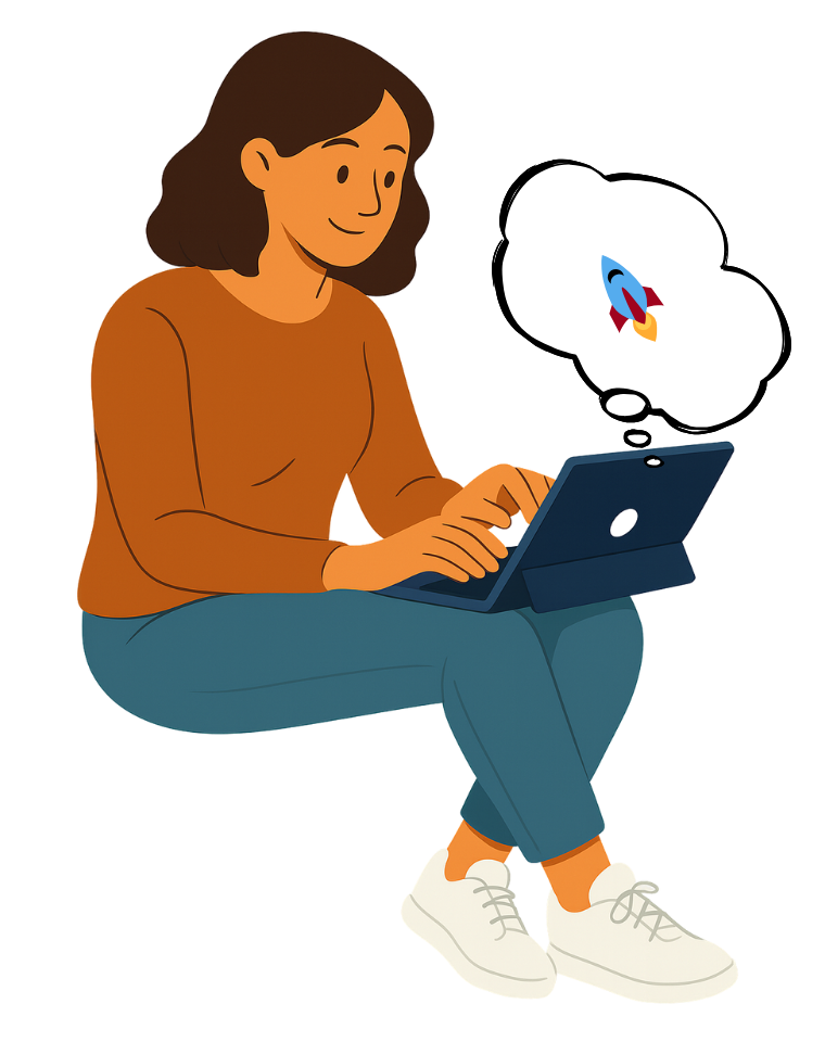 Character using a laptop for AI prompts
